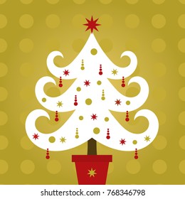 White decorated Christmas tree on gold background