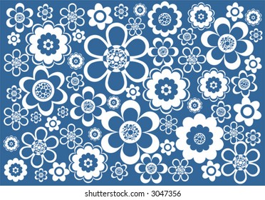 White decorative flowers on a dark blue background.