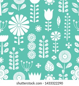 White decorative flowers on mint background. Scandinavian style. Summer motive. Vector seamless pattern.