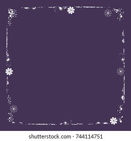White decorative frame with floral elements on a blue background