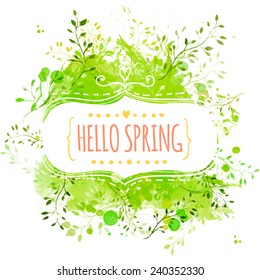 White decorative frame with text hello spring. Green paint splash background with leaves. Fresh vector design for banners, greeting cards, spring sales.