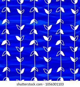 White decorative hand drawn pattern on deep sea-blue background