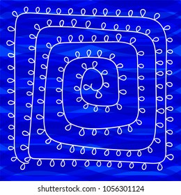 White decorative hand drawn pattern on deep sea-blue background