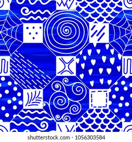 White decorative hand drawn TILE pattern on deep sea-blue background. Seamless vector. Kids Design