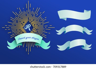 White decorative ribbon on a blue background. The sun's rays are framed by a curved decorative strip. Isolated objects. Template for branding. Vector illustration.