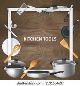 White decorative square frame with realistic kitchen tools on wooden texture background vector illustration