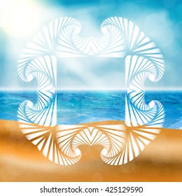 White decorative text frame on abstract summer background of beach and ocean elements. Summer background vector illustration.