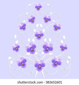 White decorative tree with violet flowers and pearls in vintage style for use in your design. Floral vector background.