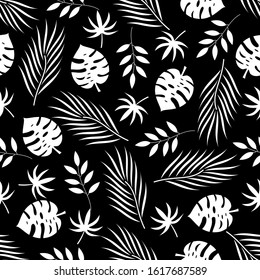 White decorative tropical leaves seamless pattern. Palm, monstera leaf. Vector illustration. 