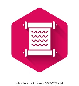 White Decree, paper, parchment, scroll icon icon isolated with long shadow. Pink hexagon button. Vector Illustration