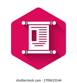 White Decree, paper, parchment, scroll icon icon isolated with long shadow. Chinese scroll. Pink hexagon button. Vector Illustration