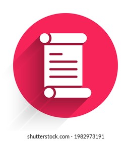 White Decree, paper, parchment, scroll icon icon isolated with long shadow. Red circle button. Vector