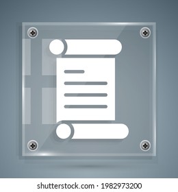White Decree, paper, parchment, scroll icon icon isolated on grey background. Square glass panels. Vector