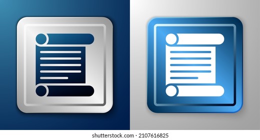 White Decree, paper, parchment, scroll icon icon isolated on blue and grey background. Silver and blue square button. Vector