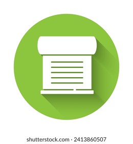 Decreto blanco, papel, pergamino, icono de desplazamiento aislado con sombra larga. Botón Círculo verde. Vector