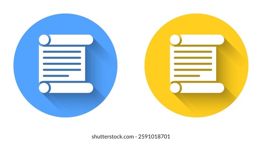 White Decree, paper, parchment, scroll icon icon isolated with long shadow background. Circle button. Vector