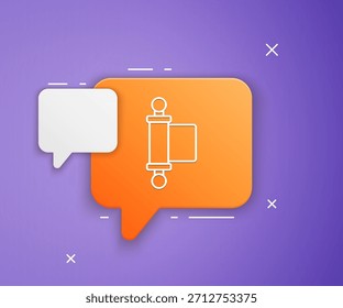 Decreto blanco, papel, pergamino, icono de desplazamiento aislado sobre fondo púrpura. Pergamino chino. Símbolo de burbuja de discurso naranja. Vector