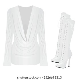 White deep v neck dress and boots. vector illustration