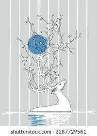 White deer and blue moon vector illustration