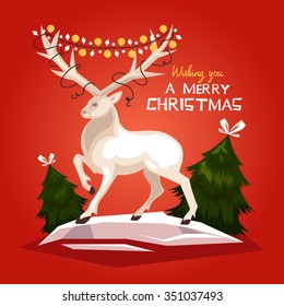 White Deer. Christmas. spruce. vector illustration. New Year card.
