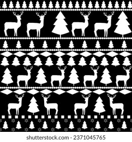 White deer and christmas tree seamless pattern. Fashion graphic background design. Modern stylish abstract texture. Monochrome template for prints, textiles, wrapping, wallpaper. Vector illustration