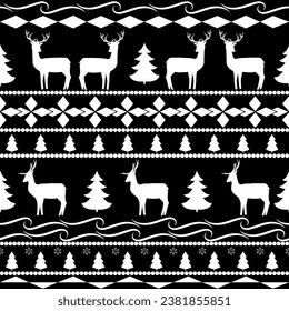 White deer and Christmas tree seamless pattern. Fashion graphic background design. Modern stylish abstract texture. Monochrome template for prints, textiles, wrapping, wallpaper. Vector illustration