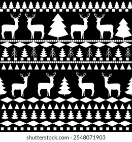 White deer and Christmas tree seamless pattern. Fashion graphic background design. Modern stylish abstract texture. Monochrome template for prints, textiles, wrapping, wallpaper. Vector illustration