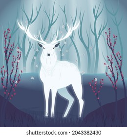 White deer in a forest. Colorful illustration portrait of beautiful wild stag in nature. Hand drawn wild animal. Vector.