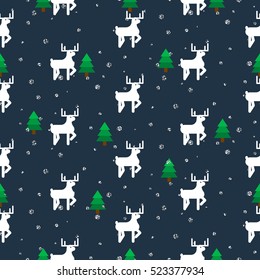White deer in a forest seamless vector pattern. Winter snowy night repeat background.