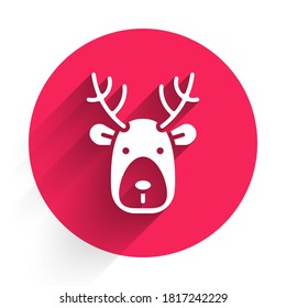 White Deer head with antlers icon isolated with long shadow. Red circle button. Vector