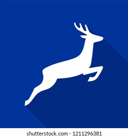 White deer icon with long shadow on blue background. Vector Illustration EPS 10