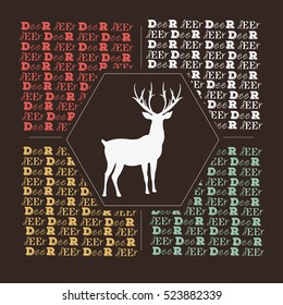 White deer on black hexagon surrounded by colorful text
