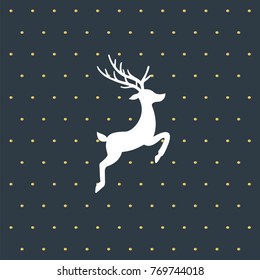 
white deer on a blue background with golden circles. Beautiful Christmas background. Vector illustration