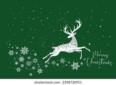 White Deer Reindeer Stag stencil drawing with snowflakes.Merry Christmas Silhouette.Green card.Antlers horns.Happy New Year.Winter window decoration.Plotter Laser cutting.Holidays decor.DIY cut.