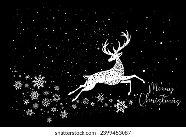 
White Deer Reindeer Stag stencil drawing with snowflakes.Merry Christmas Silhouette.Black card.Antlers horns.Happy New Year.Winter window decoration.Plotter Laser cutting.Holidays decor.DIY cut.