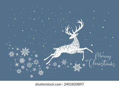 White Deer Reindeer Stag stencil drawing with snowflakes.Merry Christmas Silhouette.Blue card.Antlers horns.Happy New Year.Winter window decoration.Plotter Laser cutting.Holidays decor.DIY cut.