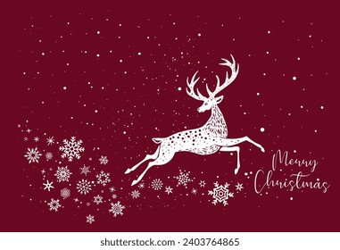 
White Deer Reindeer Stag stencil drawing with snowflakes.Merry Christmas Silhouette.Red card.Antlers horns.Happy New Year.Winter window decoration.Plotter Laser cutting.Holidays decor.DIY cut.