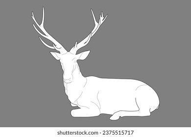 white deer sitting isolated on white background. Line art outline vector illustration no people.