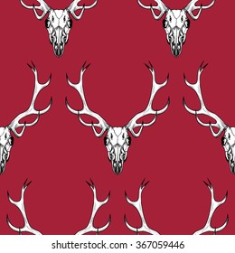 White deer skull on a red background .Vector seamless pattern