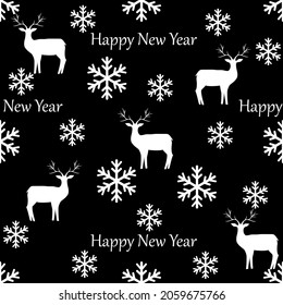 White deer and snowflake chaotic on black seamless pattern. Fashion background design. Modern stylish abstract texture. Monochrome template for prints, textiles, wrapping, wallpaper. Vector illustrati