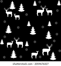 White deer and tree chaotic on black seamless pattern. Fashion background design. Modern stylish abstract texture. Monochrome template for prints, textiles, wrapping, wallpaper. Vector illustration