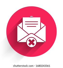 White Delete envelope icon isolated with long shadow. Delete or error letter. Cross on message. Rejected mail. Red circle button. Vector Illustration