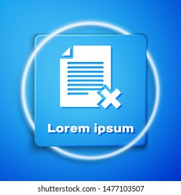 White Delete file document icon isolated on blue background. Rejected document icon. Cross on paper. Blue square button. Vector Illustration