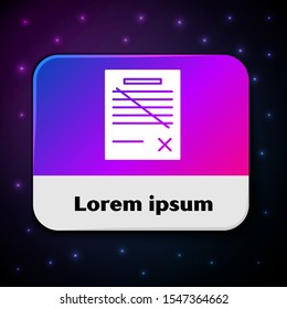 White Delete file document icon isolated on black background. Rejected document icon. Cross on paper. Rectangle color button. Vector Illustration