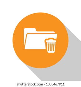 White Delete folder icon isolated on white background. Folder with recycle bin. Delete or error folder. Close computer information folder sign. Orange circle button. Flat design. Vector Illustration