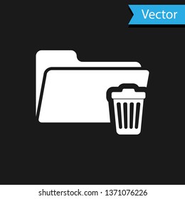 White Delete folder icon isolated on black background. Folder with recycle bin. Delete or error folder. Close computer information folder sign. Vector Illustration