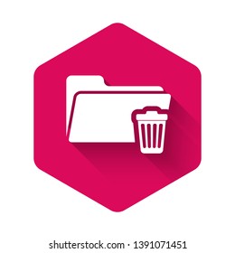 White Delete folder icon isolated with long shadow. Folder with recycle bin. Delete or error folder. Close computer information folder sign. Pink hexagon button. Vector Illustration