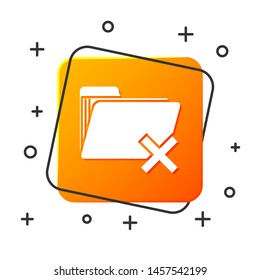 White Delete folder icon isolated on white background. Folder with recycle bin. Delete or error folder. Close computer information folder. Orange square button. Vector Illustration