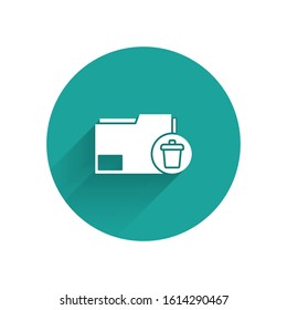 White Delete folder icon isolated with long shadow. Delete or error folder. Close computer information folder. Green circle button. Vector Illustration