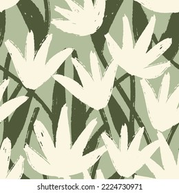 White delicate flowers water lily lotus brush textured on light green background. Floral seamless pattern for fabric cover background. vector graphic